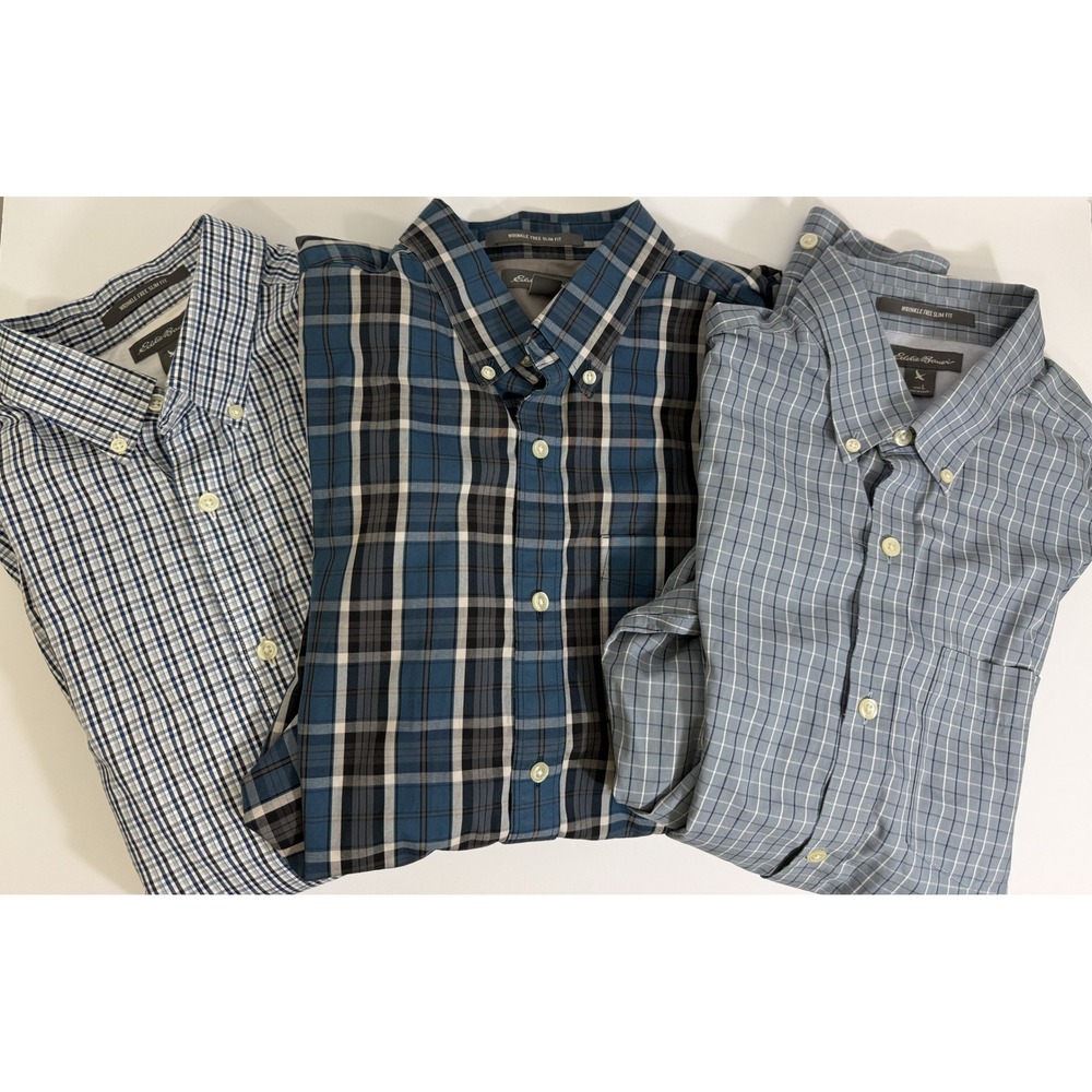 Eddie Bauer Wrinkle Free Slim Fit Shirts Lot of 3 Men L Large Plaid Button Down